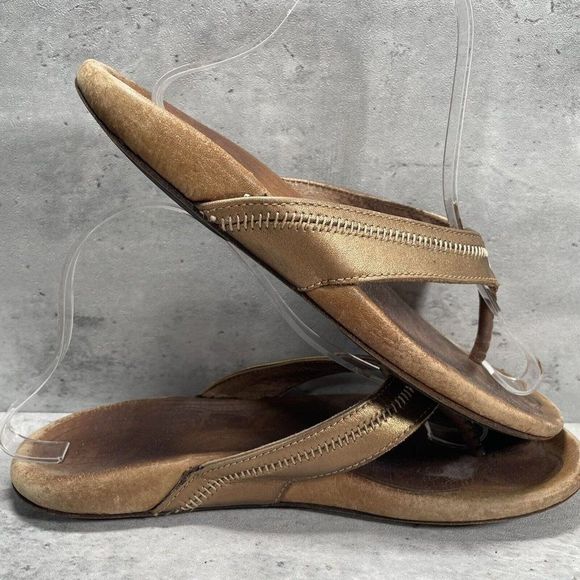 Olukai Haiku Ella Women's Thongs Sandals Size 10 Gold Leather Brown Flipflop‎ - Picture 6 of 9